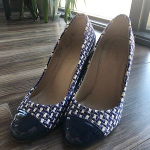 J. Crew heels w/ woven purple, cream, navy tweed